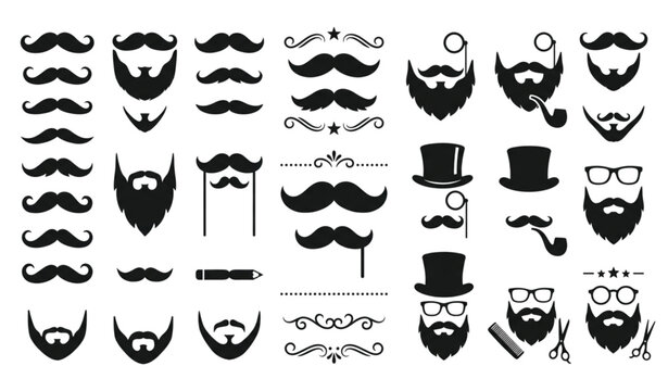 Funny vintage mustache and beard silhouette vector set with retro barber style icons
