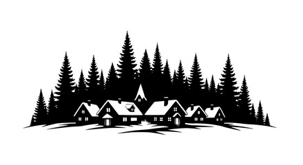 Obraz premium black and white silhouette of a winter village in a pine forest