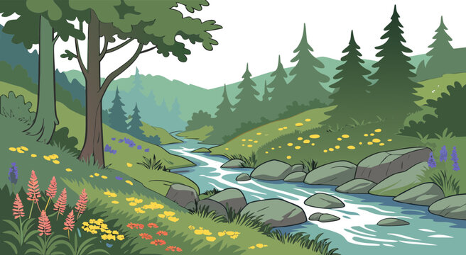 River flowing through lush green forest valley vector flat illustration