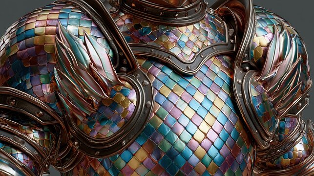 Iridescent Mosaic-Scale Medieval Knight Armor with Ornate Flame-Shaped Metallic Pauldrons, Fantasy Battle Gear for Game Assets, Fantasy Art, Medieval Themed Design Projects