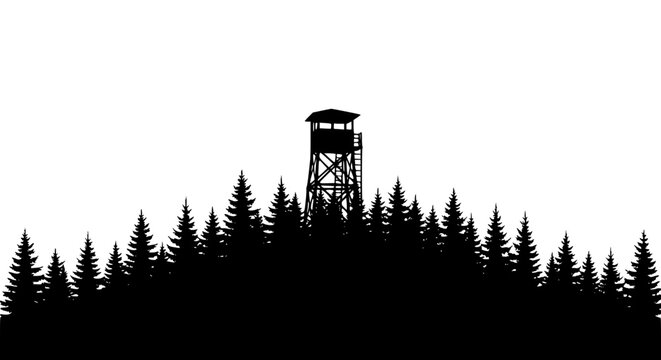 Silhouette of a lookout tower rising above a pine forest landscape