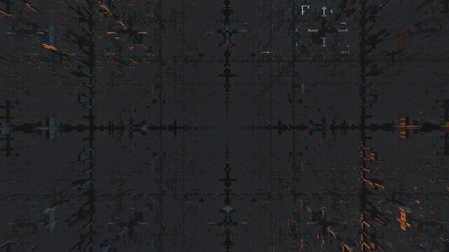 Complex dark geometric structure with metallic textures and glowing orange accents representing data architecture and the deep web in a digital abyss