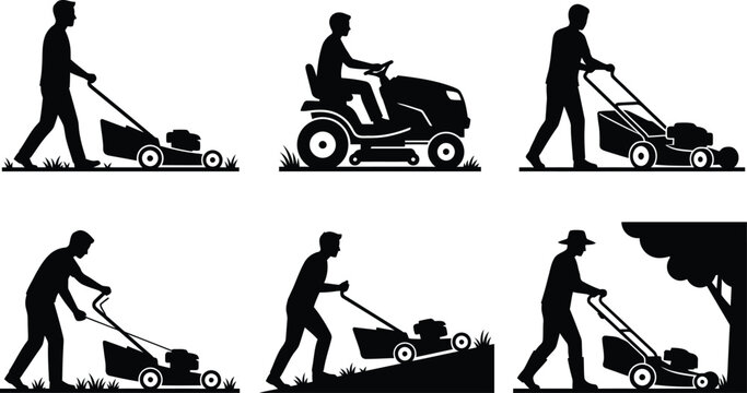 Man mowing lawn with different types of lawnmowers isolated on white background, Vector