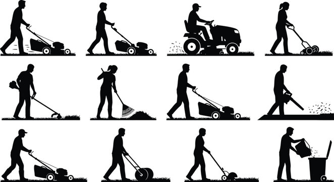 People doing lawn care and gardening tasks isolated on white background, Vector
