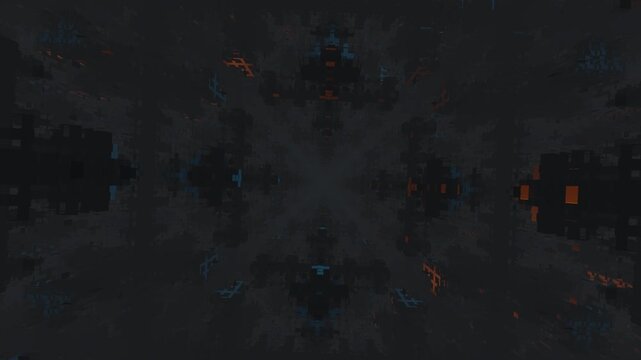 Background of abstract 3D dark geometric blocks with blue and orange accents creating a deep symmetrical tunnel effect for futuristic technology concepts