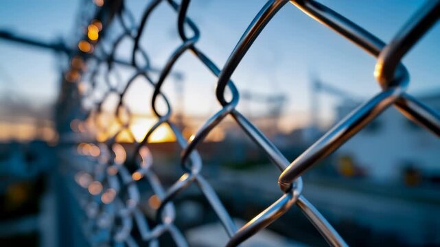 Chain link fence close up at sunset with industrial background and security barrier concept