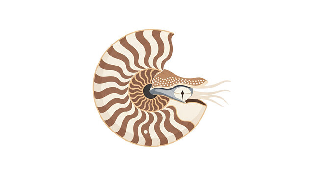 Chambered Nautilus Sea Shell Creature with Brown Stripes and Tentacles Isolated on White