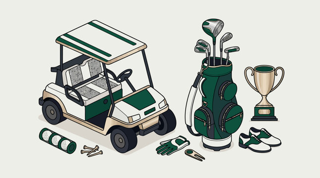 Isometric Vector Illustration of Professional Golf Equipment Set with Golf Cart, Bag, Clubs, and Trophy