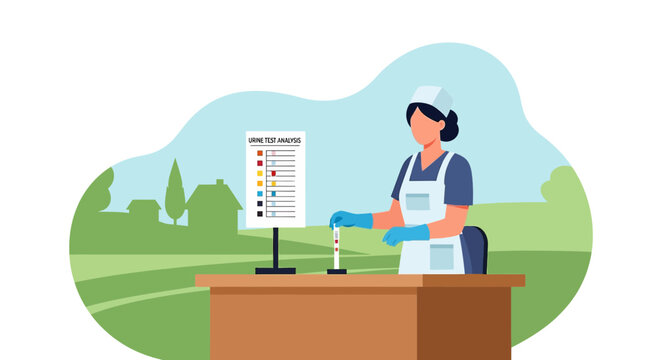 Nurse performing laboratory analysis with test tube and chart in outdoor setting