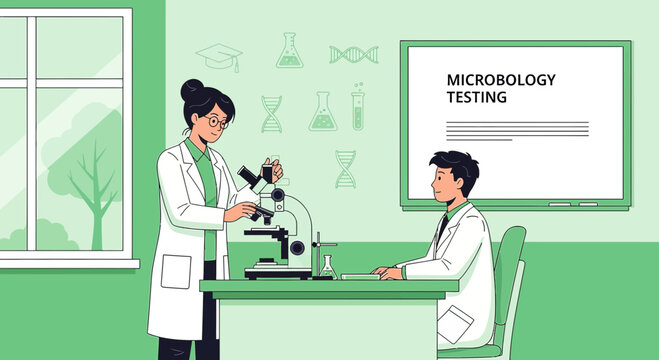 Microbiology Testing: Scientists in Lab Analyzing Samples with Microscope