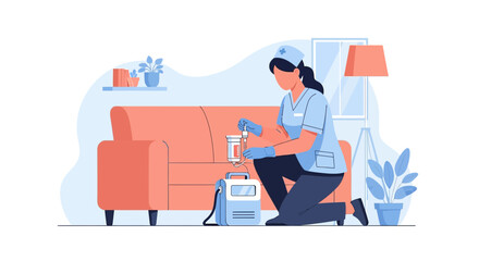 Naklejka premium Nurse performs medical test at home, patient care, health check, diagnostic equipment
