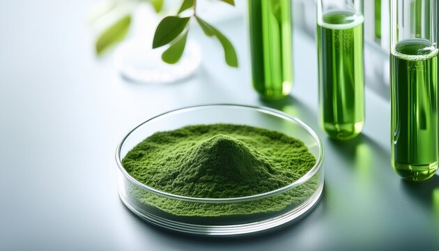 green plant powder in petri dish with laboratory test tubes for botanical research