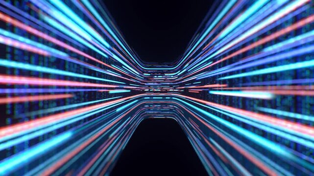 Data stream of glowing neon light trails moving through a dark digital void representing high speed internet and advanced fiber optic communications