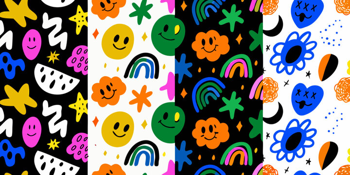 playful pattern with smiley faces rainbows and flowers on white background