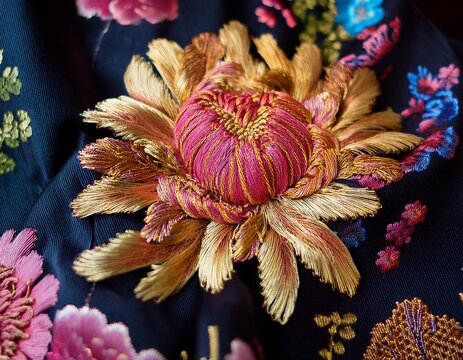 close up on rich japanese brocade fabric with stylized chrysanthemum flowers embroidered in vivid color and gold thread on a dark background symbolizing endurance and nobility