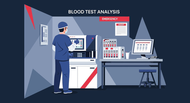 Medical Lab Technician Operating Blood Test Analyzer in Emergency Room