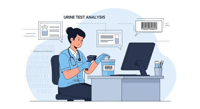 Medical professional analyzes urine sample at laboratory desk with computer and barcode scanner