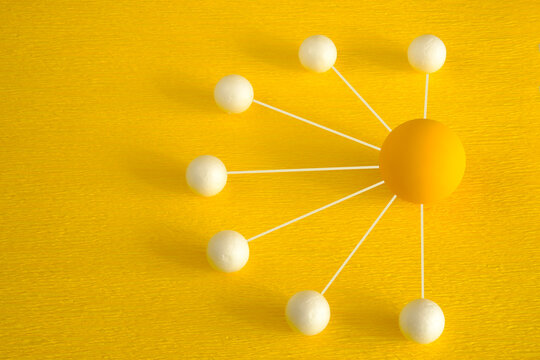 network structure with connected people, showing teamwork capabilities,collaboration, stakeholder mapping, ideas,innovation and business communication, analysis and planning of business on yellow back