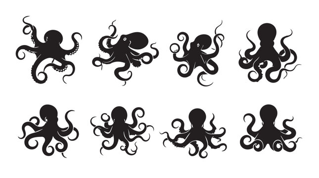 Eight octopus silhouettes with varied poses against a white background for marine biology or seafood concepts