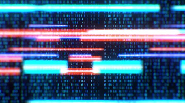 Digital matrix of glowing binary code and abstract horizontal light bars representing data processing and cybersecurity in a modern cloud computing environment