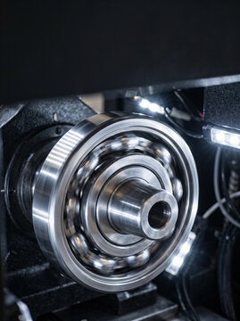 Spinning steel ball bearing close-up on industrial lathe machine