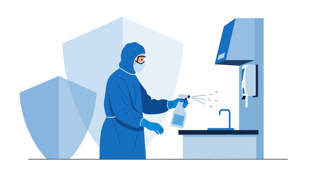 Healthcare worker in hazmat suit sanitizing laboratory equipment with disinfectant spray