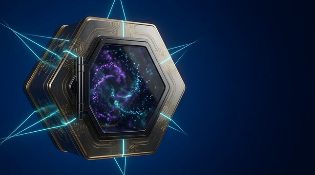 Futuristic Hexagonal Quantum Data Vault with Gold Circuitry and Glowing Encrypted Particles