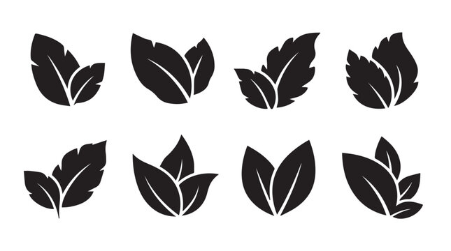Group of stylized leaf silhouettes against a clean white background representing organic growth and nature