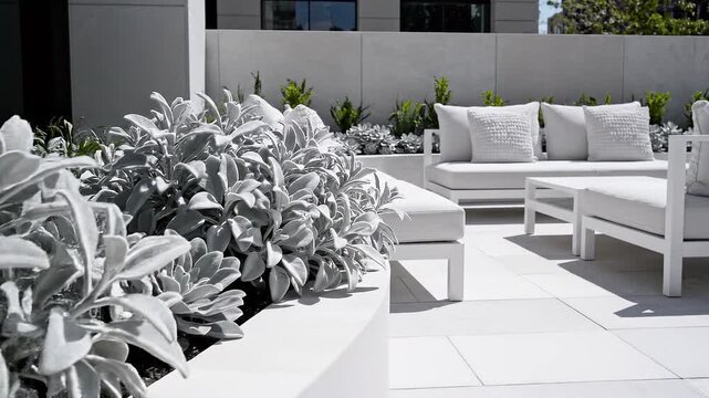 A serene outdoor seating area with a white couch and lush plants on a sunny day in a modern garden