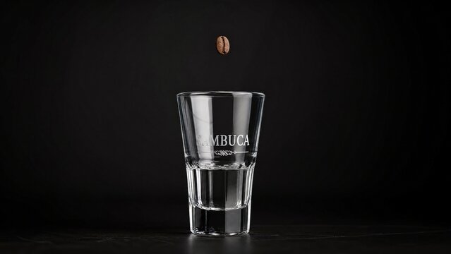 sambuca. Dark background with single floating coffee bean above a sambuca glass. bar promotions, beverage menus, designed for food & beverage menus and cafe branding, used by marketing managers.