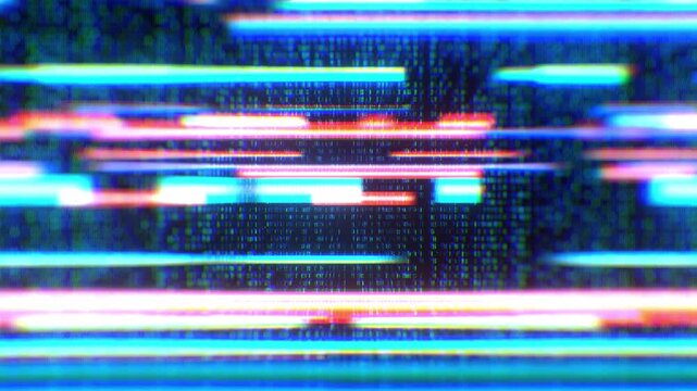 Abstract digital data field with horizontal light streaks and binary code patterns illustrating high speed cloud computing and server analytics