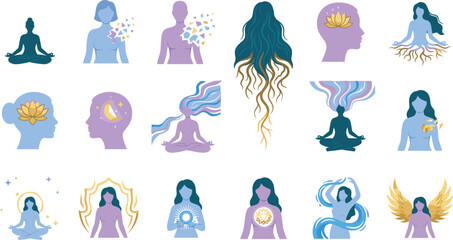 Obraz premium Spiritual Woman Meditation Yoga Icons Set with Lotus Chakra Aura Wings Mind Body Soul Mystic Wellness Vector