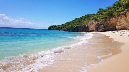 Obraz premium A secluded beach with golden sand and soft, turquoise waves gently lapping the shore