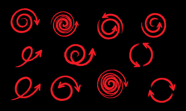 Group of 12 red hand-drawn circular arrows and spirals on a black background as PNG element