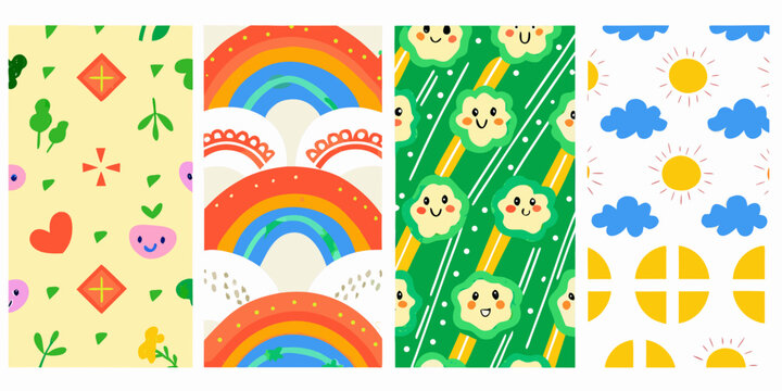 Seamless pattern with rainbows suns and smiling clouds colorful vector illustration