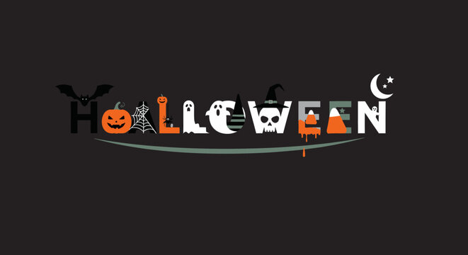 Halloween themed graphic design with spooky icons on black background