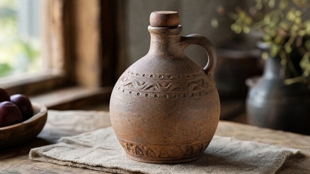 flagon. A rustic ceramic flagon with relief patterns and a wooden stopper in soft light. bar promotions, beverage menus, designed for product packaging and bar promotions, enhances appetite appeal.