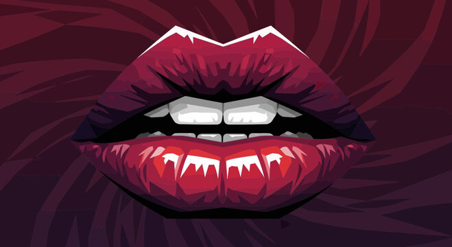 Captivating and alluring vector illustration of vibrant red lips with sharp, prominent teeth, exuding a bold and seductive mystery against a dark, abstract background