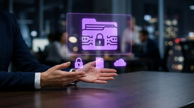 Digital security and data protection Futuristic hologram of a locked folder and padlock, symbolizing privacy and secure information management
