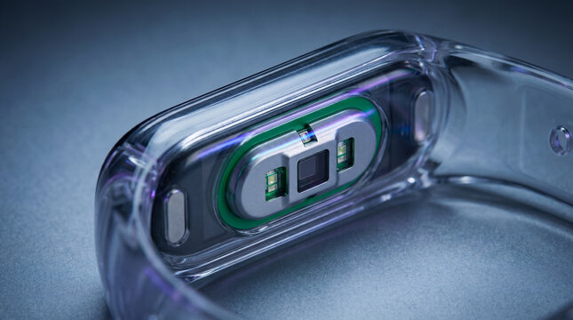 Transparent smart fitness band with exposed heart rate optical sensor close-up