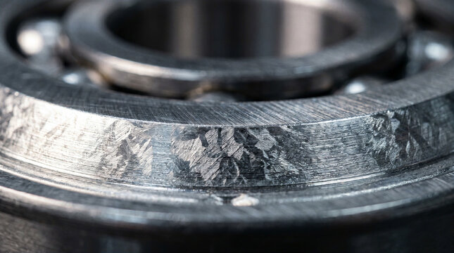 Close-up of damaged ball bearing race with surface wear and scoring marks