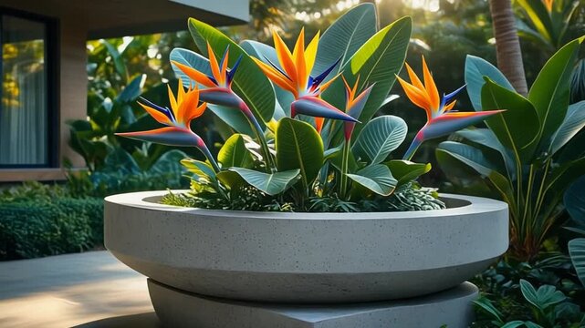 Vibrant orange bird of paradise plants bloom in a large round concrete planter on a sunny patio surrounded by lush greenery and tropical leaves near a modern house with large windows.