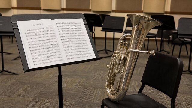 euphonium. Open music score on a stand with a euphonium beside it in a rehearsal room. lifestyle magazines, social media lookbooks, designed for influencer and brand collaborations.