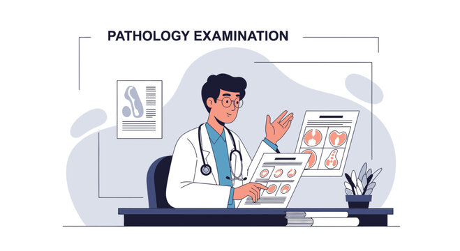 Doctor Conducting Pathology Examination, Analyzing Medical Test Results and Images
