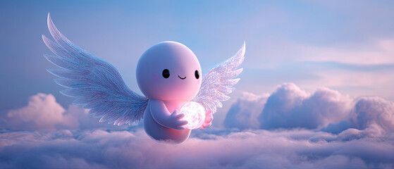 Obraz premium Adorable winged character holding a glowing orb, floating above soft clouds in a dreamy pink and blue sky. Ideal for fantasy, children, or inspirational themes.