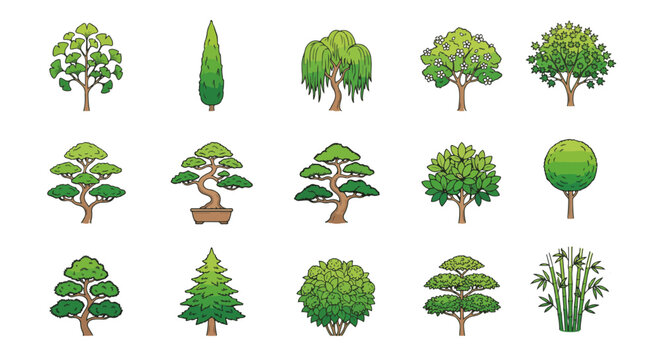 Architectural garden trees icon set, green gradient thin line art 2D vector drawings for landscape design, white background