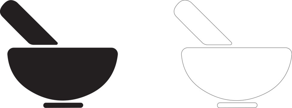 Mortar and pestle icon, symbol of pharmacy, ayurveda, cosmetics preparation and natural medicine, vector icon in two styles: glyph and outline.