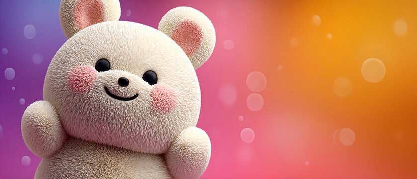 Adorable plush bear toy with rosy cheeks, smiling against a vibrant pink, purple, and orange gradient backdrop. Perfect for playful, cheerful, or children's themes.