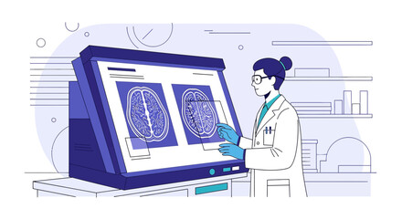 Naklejka premium Doctor analyzing brain scan on futuristic digital display in laboratory