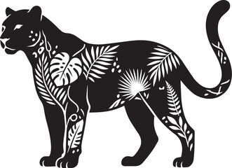 Fototapeta premium Black panther silhouette with tropical leaf patterns, wild leopard vector illustration, exotic jungle cat with monstera and palm foliage design